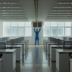 wide angle shot of a man repairing an air conditoning unit in a Chelmsford office