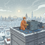 A landscape illustration shows a man in an orange jumpsuit and hard hat installing a large HVAC unit on a snowy commercial building rooftop. The city skyline in the background is obscured by heavy snowfall, suggesting a cold winter day in London