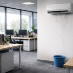 air conditioning unit leaking water in a commercial office after being switched back on without servicing
